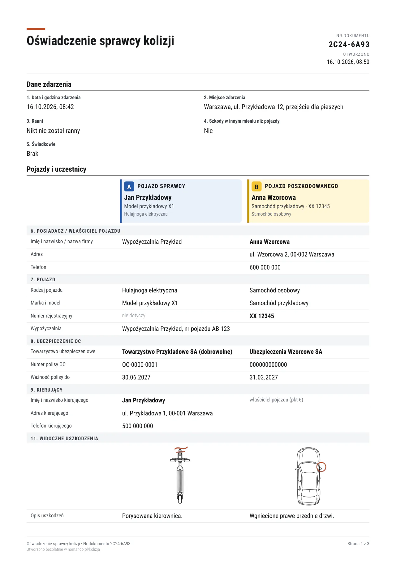 Przykład pierwszej strony oświadczenia w PDF: dane zdarzenia i tabela pojazdów A i B