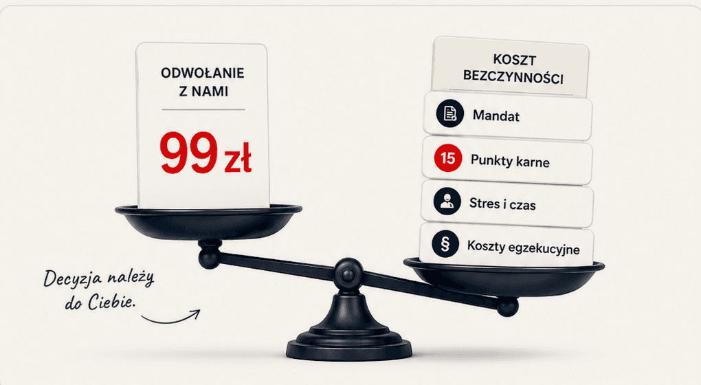 Waga: po jednej stronie odwołanie za 99 zł, po drugiej mandat, punkty karne, stres i koszty egzekucyjne